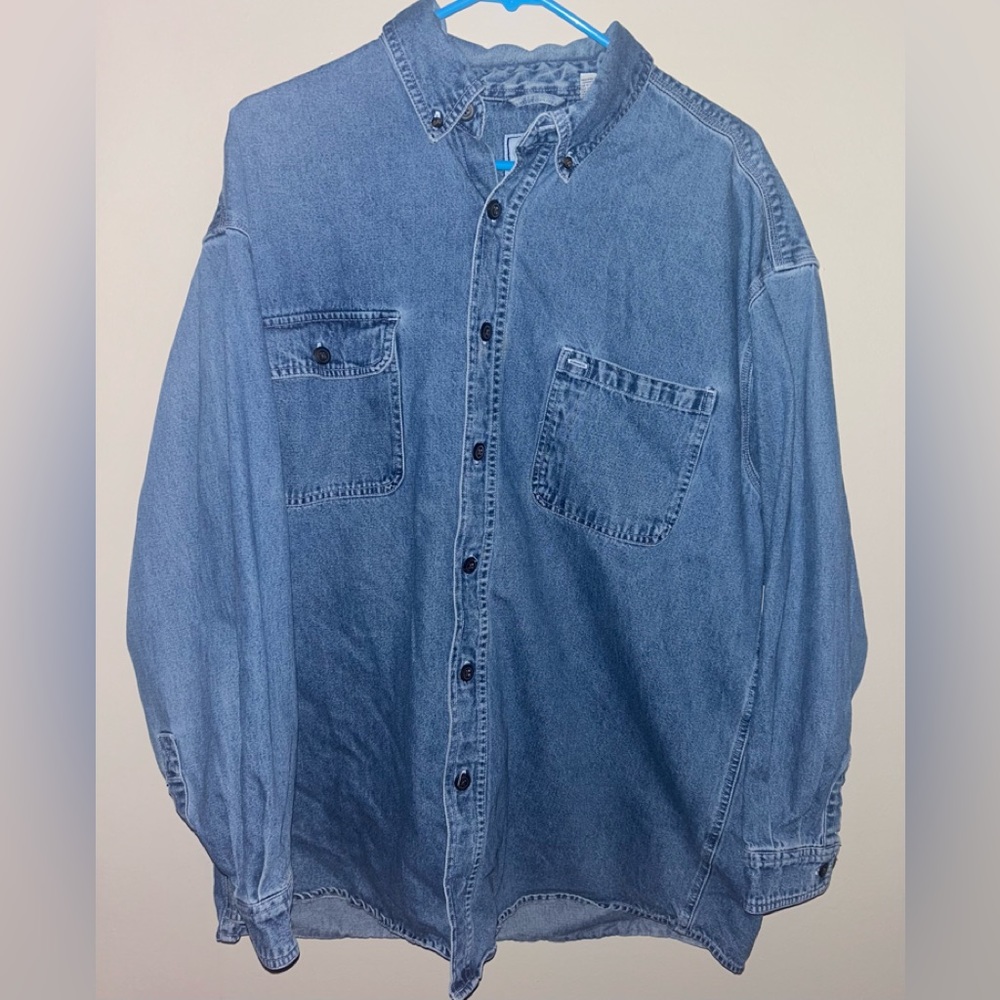 Vintage Authentic American Blue Long Sleep Denim Jean Button-Up Shirt 💯% Cotton